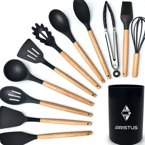 Kit preto com doze utensílios de cozinha em silicone e cabo de madeira