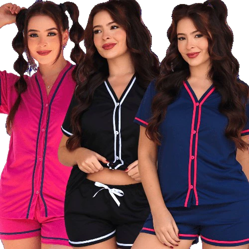 Kit com 3 pijamas femininos com botões